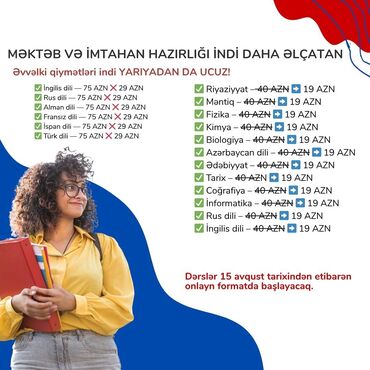 təlim: Repetitor, Mental arifmetika, Riyaziyyat, Biologiya, Rus dili, Azərbaycan dili, İmtahanlara hazırlıq, Abituriyent hazırlığı
