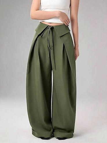 pantalone od kepera zenske: Ženske široke pantalone sa visokim strukom i vezivanjem Pantalone — 4