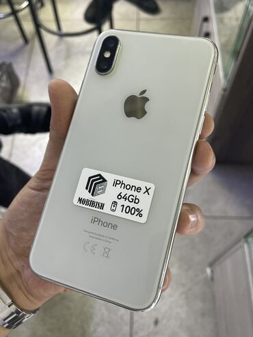 Apple iPhone: IPhone X, Б/у, 64 ГБ, Белый, Защитное стекло, Чехол, 100 %