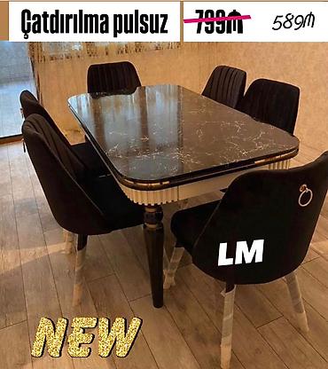 Yemək masası və 6 stul dəsti - Masa: parlaq qara mərmər naxışlı üst lalafo.az -da Yemək masası və 6 stul dəsti - Masa: parlaq qara mərmər naxışlı üst