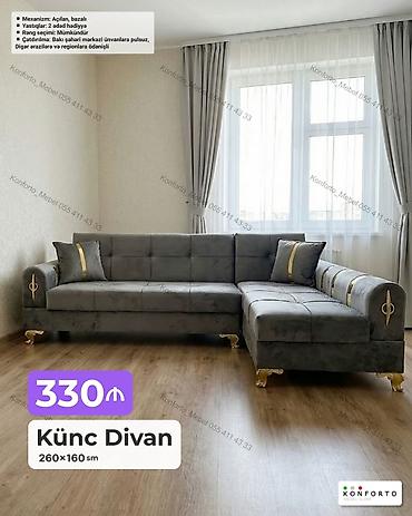 Künc divan – 260×160 sm - Mexanizm: açılan, bazalı (yataq funksiyası