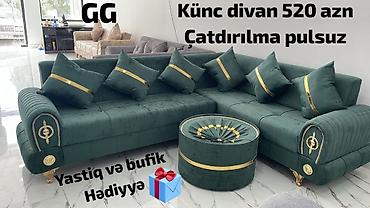 Künc divan – zümrüd-yaşıl rəng, qızılı dekor detallar və naxışlı