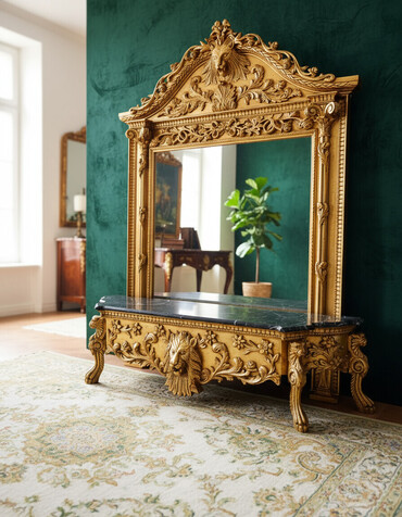 Stilska ogledala: Ukrasno ogledalo sa postoljem, bogato ukrašeno detaljnim rezbarijama u na lalafo.rs — 1 Stilska ogledala: Ukrasno ogledalo sa postoljem, bogato ukrašeno detaljnim rezbarijama u — 1