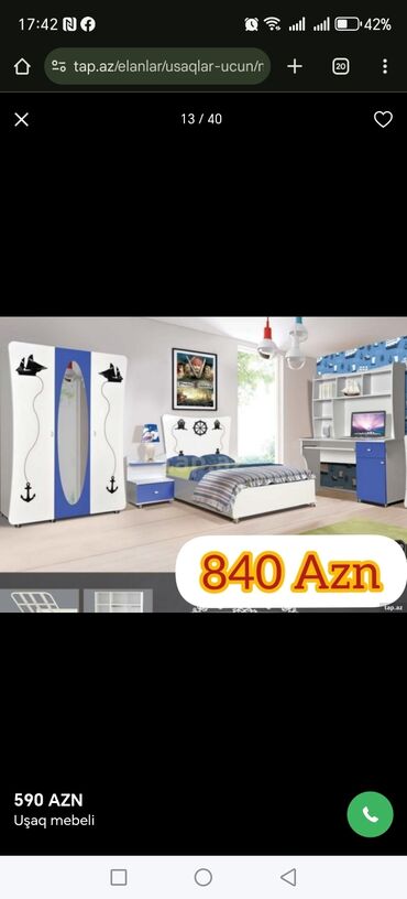 Uşaq və gənc otağı üçün dəstlər: Oğlan və qız üçün, Təknəfərlik çarpayı, Yazı masası — 5