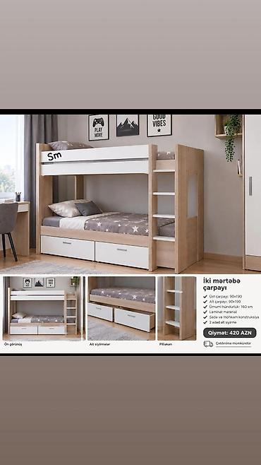 İki mərtəbəli çarpayı - Üst çarpayı ölçüsü: 90x190 sm - Alt çarpayı