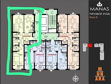 Продажа квартир: 2 комнаты, 76 м², Кок-Жар ж/м Элитка, 7 этаж, ПСО (под самоотделку) — 2