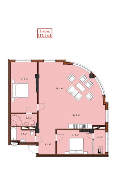 3 комнаты, 117 м², Элитка, 3 этаж, ПСО (под самоотделку)
