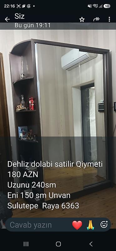 guzgulu skaf: Dehliz dolabı – sürüşkən qapılı, tam boy güzgülü model. Yan tərəfində — 1