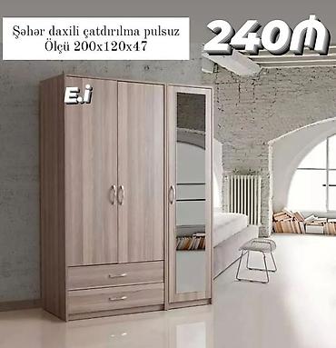 taxta dolab: 3 qapılı dolab – güzgülü model Ölçüləri: 200 × 120 × 47 sm Yataq — 1