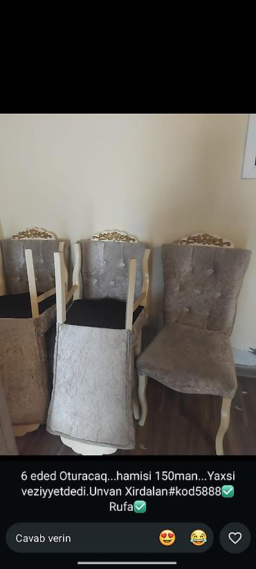 6 ədəd yumşaq yemək otağı stulu dəsti. - Parça örtük: məxməri tipli