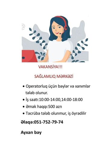 online is elanları: Çağrı mərkəzi operatoru tələb olunur, Təcrübəsiz, Aylıq ödəniş