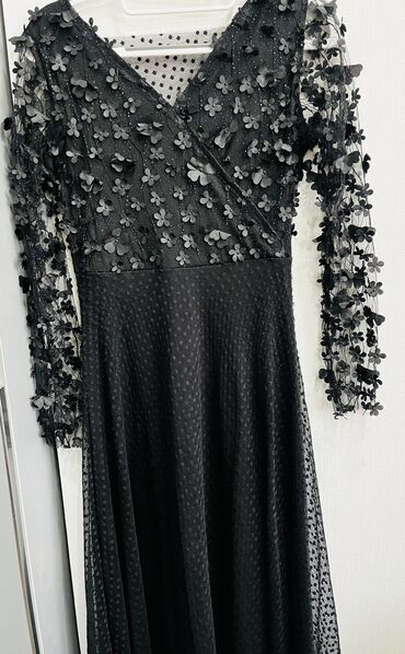 вечернее черное платье с кружевом: Вечернее платье, Длинная модель, С рукавами, S (EU 36)