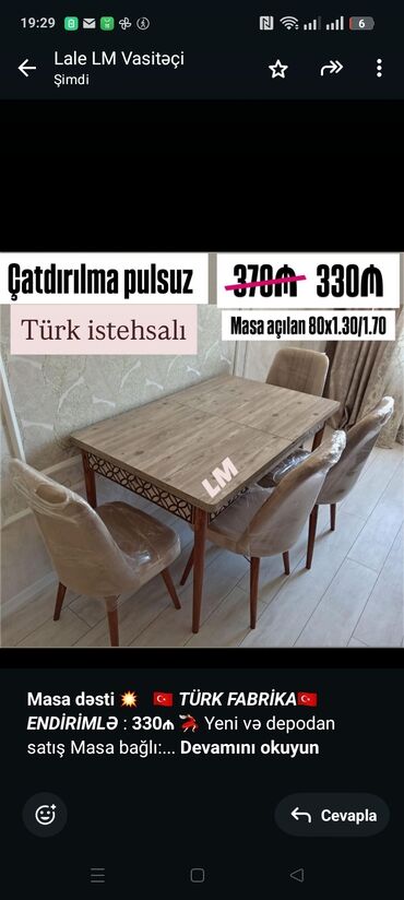Sifarişlə mətbəx mebeli: *Masa dəsti* 💥 _🇹🇷 *TÜRK FABRİKA🇹🇷*_ _*ENDİRİMLƏ*_ : *330₼* 💃🏻 Yeni