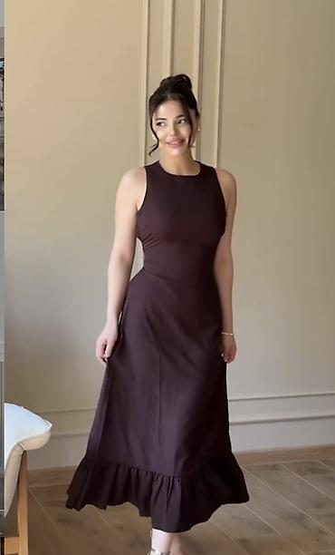 volanlı ətək: Qadın donu – qəhvəyi, midi uzunluqda - Model: qolsuz, qapalı dairəvi — 1