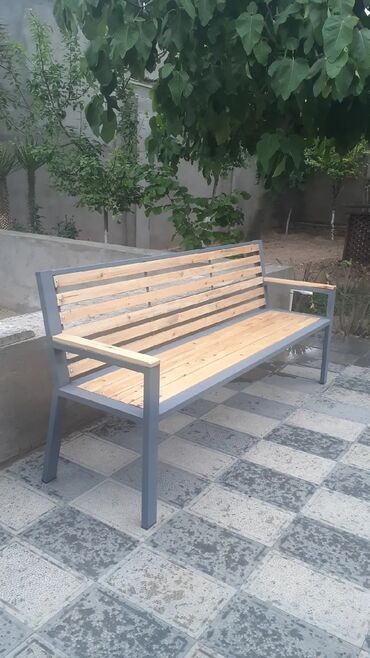 Bağ, çöl masa və oturacaq dəstləri: Metall karkaslı taxta lamelli skamya dəsti - Məhsul: açıq məkana — 13
