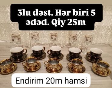 first class cay qiymeti: Çay dəsti, rəng - Qızılı, Farfor