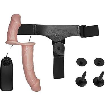 Товары для взрослых: Двойной страпон на женщину с вибрацией и пультом: основная длина 17,5 — 8