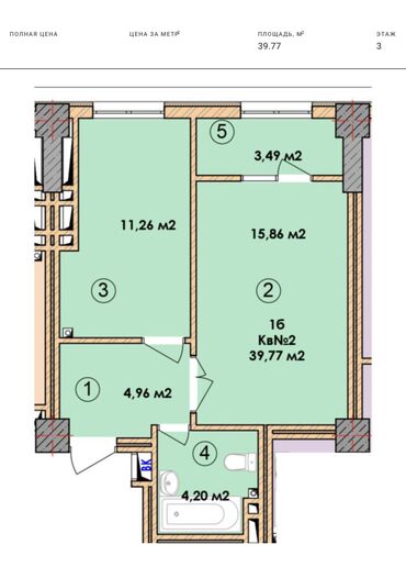 1ком кв бишкеке: Строится, Элитка, 1 комната, 39 м²