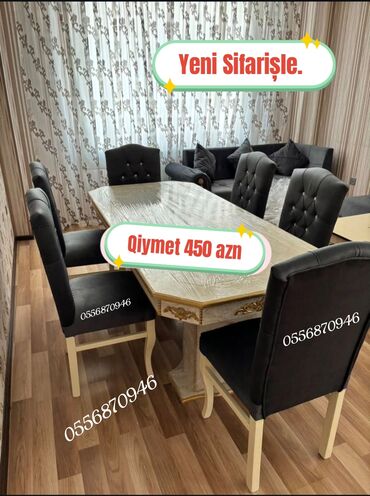 Masa və oturacaq dəstləri: Qonaq otağı üçün, Yeni, Açılmayan, Dördbucaq masa, 6 stul — 5