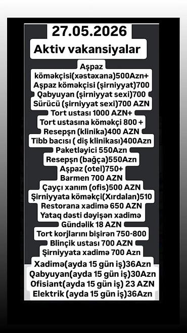 tort ustası: Xadimə tələb olunur, Aylıq ödəniş, 30-45 yaş — 1