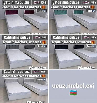 Tək nəfərlik çarpayı – dəmir karkas + matras - Ölçü: 90 sm x 2 m -