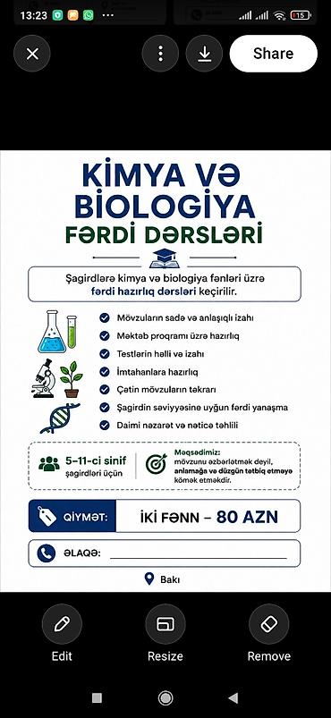 Услуги: Kimya və Biologiya fənləri üzrə fərdi hazırlıq dərsləri • 5–11-ci — 1