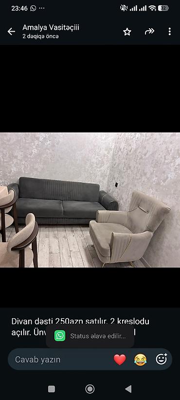 Divan dəsti 250azn satılır. 2 kreslodu açılır. Ünvan Binəqədi (2497)