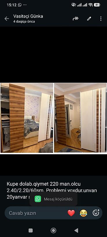 Kupe dolab.qiymet 220 man.olcu 2.40/2.20/60sm. Problemi yoxdur.unvan