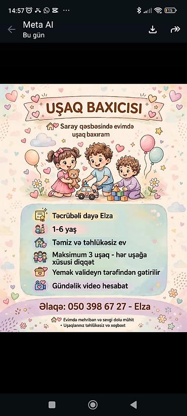 Uşaq baxıcısı xidməti – Saray qəsəbəsində ev şəraitində - Təcrübəli