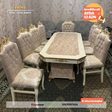 Masa və oturacaq dəstləri: Qonaq otağı üçün, Yeni, Açılmayan, Dördbucaq masa, 6 stul — 4