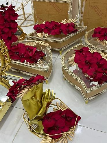 ramazan dekor: Xonca Toy ve Nisan ucun Qızıl rəngdə dekorativ güzgü və təqdimat dəsti — 2