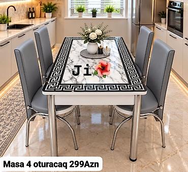 Mətbəx üçün dəst: masa + 4 ədəd oturacaq - Masa üstü mərmər naxışlı