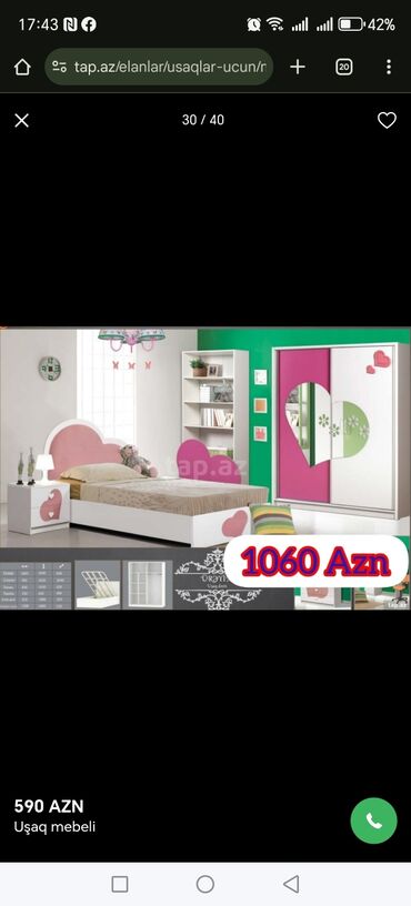 Uşaq və gənc otağı üçün dəstlər: Oğlan və qız üçün, Təknəfərlik çarpayı, Yazı masası — 20