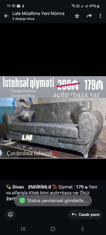 Divan və kreslo dəstləri: Divan, Qonaq otağı üçün, Bazalı, Açılan, Kitab
