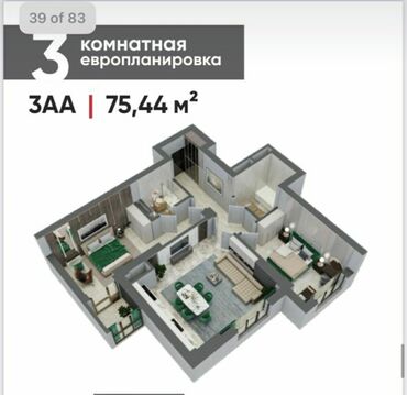 продажа квартира бишкеке: 3 комнаты, 75 м², Элитка, 13 этаж, ПСО (под самоотделку)