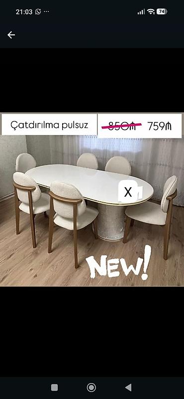 Oval formalı yemək dəsti – 1 masa + 6 stul - Masa: oval, parlaq ağ