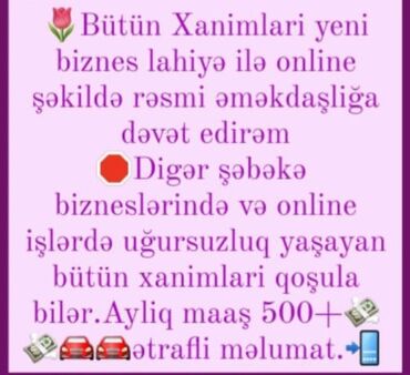 Digər ixtisaslar: İş online işidir.Evden telefonla idare olunur. Əmek haqqi 500+ve