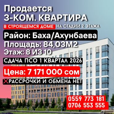 готовые квартиры в рассрочку в бишкеке 2023 год: 3 комнаты, 84 м², Элитка, 8 этаж