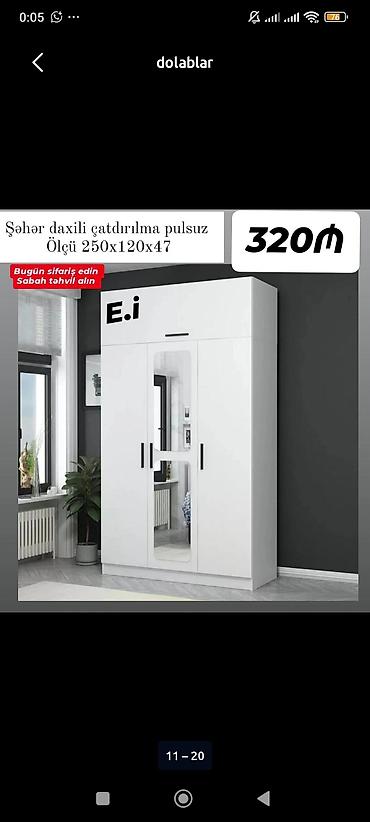 Ağ rəngli 3 qapılı paltar dolabı - Ölçü: 250×120×47 sm - Ortada