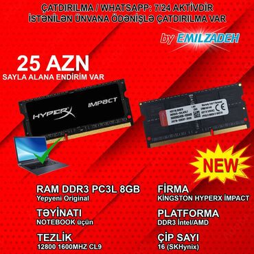 Prosessorlar: Operativ yaddaş (RAM) HyperX, 8 GB, 1600 Mhz, DDR3, Noutbuk üçün, Yeni