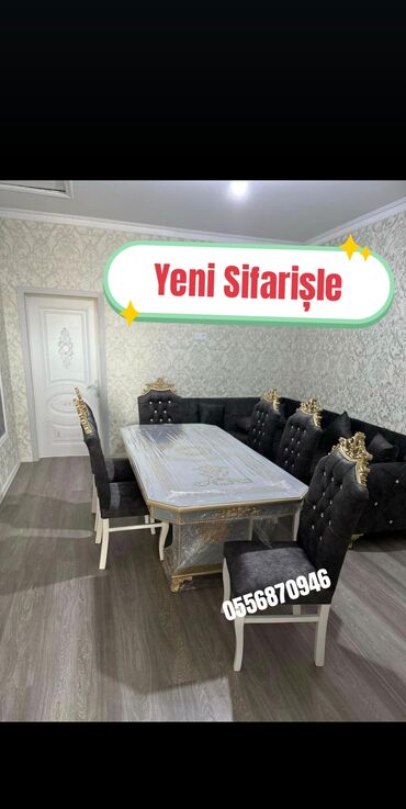 Masa və oturacaq dəstləri: Qonaq otağı üçün, Yeni, Açılmayan, Dördbucaq masa, 6 stul — 14