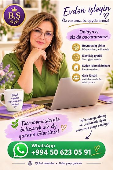 Evdən işləmək imkanı təqdim edən onlayn iş fəaliyyəti. Elan beynəlxalq