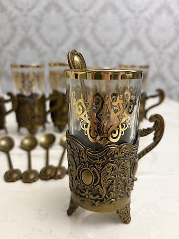 Çay dəsti, rəng - Qızılı, Şüşə, 6 nəfərlik