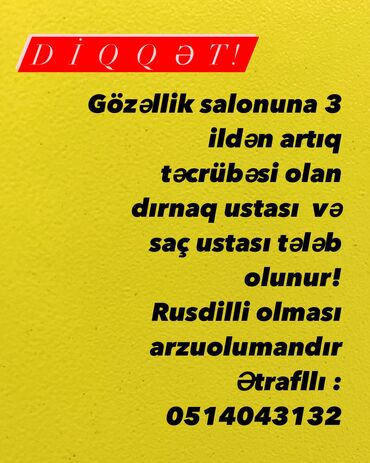 12 nomreli mekteb muellimleri: Dırnaq ustası tələb olunur, Fiks edilmiş ödəniş, 3-5 illik təcrübə, Rəsmi işədüzəltmə