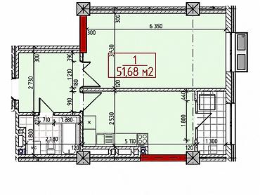 500: 1 комната, 52 м², Средний Джал Элитка, 12 этаж, ПСО (под самоотделку) — 2