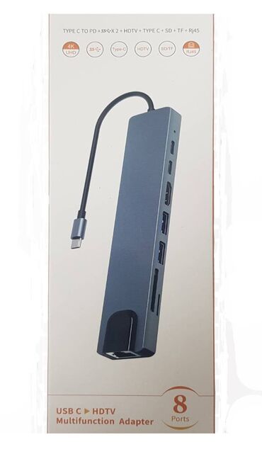 Модемы и сетевое оборудование: Хаб 8 in 1 - Type-С to HDMI x 1 + USB3.0 x 2 + PD x 1 + SD/TF x 1 +
