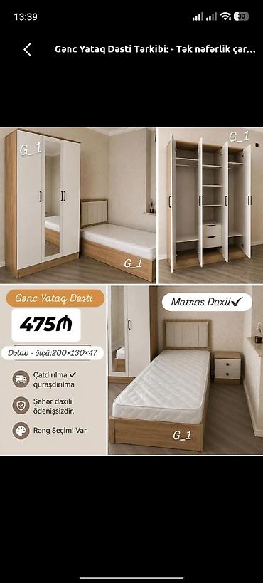 genc yataq: Gənc yataq dəsti – tək nəfərlik Tərkib: - Tək nəfərlik çarpayı (matras — 1