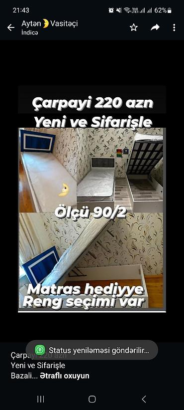 matras yeni: Çarpayi 220 azn Yeni ve Sifarişle Bazali Ölçü 90/2 Matras hediyye — 1