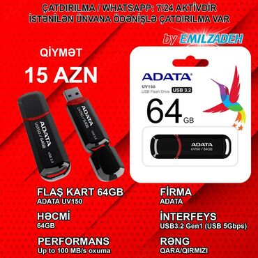 Digər kompüter aksesuarları: Flash kart ADATA, 64 GB, USB 3.1, Yeni