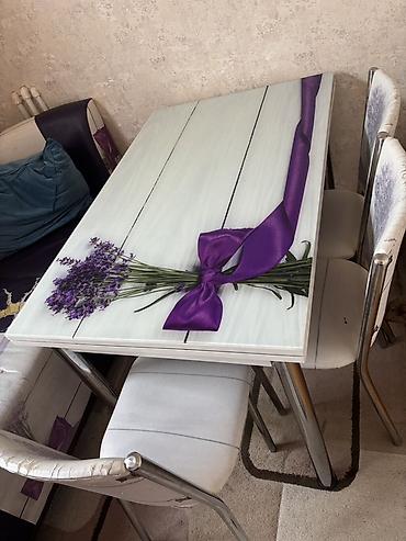 lavanda: Mətbəx masası və 4 stul dəsti - Dizayn: Şüşə üstlükdə lavanda dəstəsi — 1
